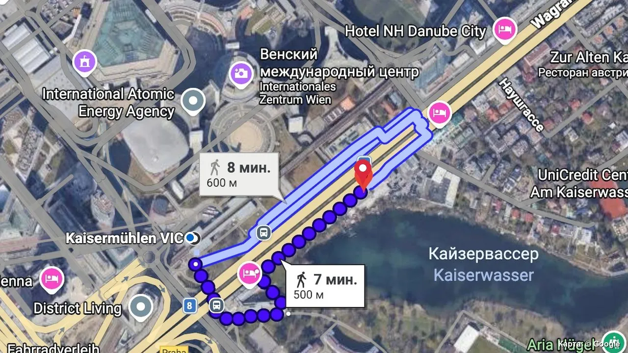 Пешеходный маршрут от станции U1 Kaisermühlen-VIC до церкви Christify (карта Google)